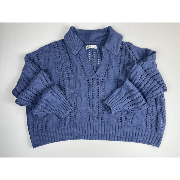 Hollister Sweaters - Hollister‎ Co. Blue Cropped Cable Knit Collared V-Neck Sweater Sz S